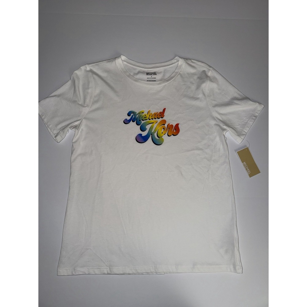 Michael Kors Women Medium T-Shirt Rainbow White Cotton Modal Pride LGBT Tee NWT